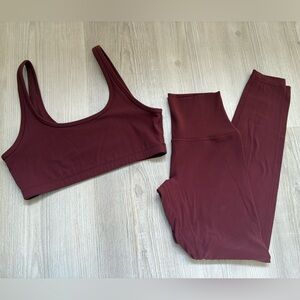 Aritzia Deep Burgundy Sports Bra and Front Seamless Leggings Set